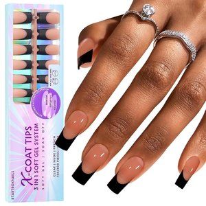 150PCS Pre painted polish Black French Long Square Nail Tips Soft Gel Brand New